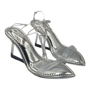 Good American Sz 6 Cinder F Rella Wedge Silver Lucite Triangle Block Heels NEW